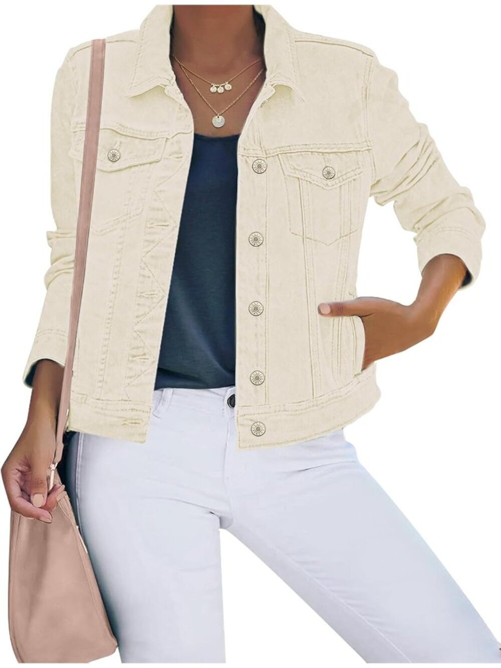 Women's Cream Basic Button Down Stretch Fitted Long Sleeves Denim Jean Jacket